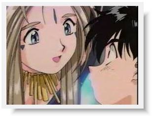 Belldandy drops in on a very surprised Keiichi.