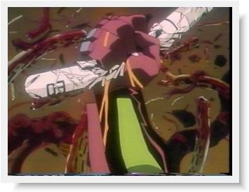 EVA-00, piloted by a dummy plug, crushes the entry plug of EVA-03