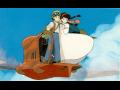 Pazu and Sheeta on a 'thopter, leaving the carnage of the fortress
